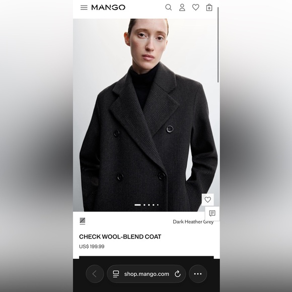 NWT Mango LARGE Check Wool-blend double breasted pea coat- black/gray - Picture 3 of 11